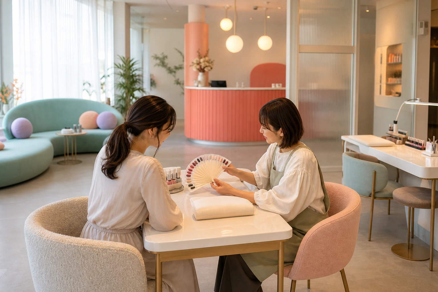 明るいネイルサロンでカラーチャートを相談する利用者とスタッフのビジュアル