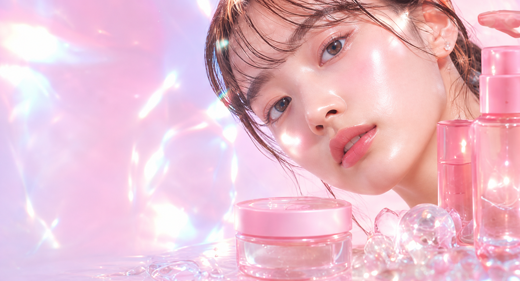 みずみずしいツヤメイクとピンクのコスメを組み合わせたMielumiのメインビジュアル